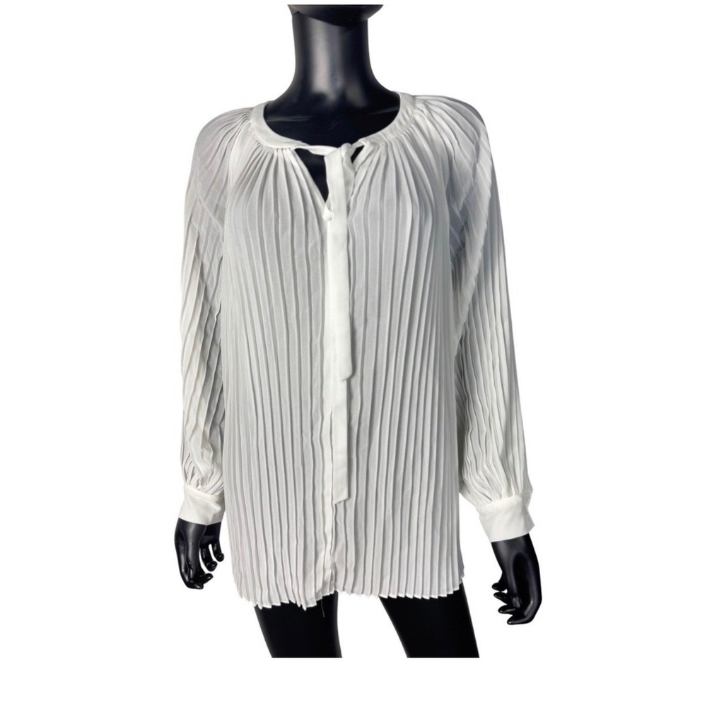 Midnight Velvet Ivory Pleated Tie Neck Long Sleeve Blouse Top Small - Picture 2 of 10